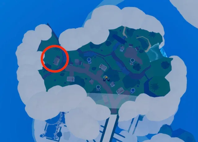 Where the Angel Guard stands, behind a house in Lower Skylands.