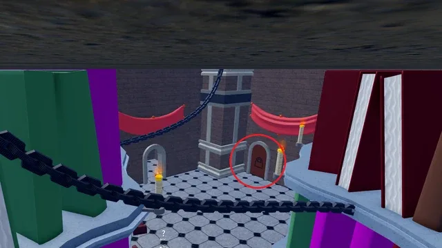 The circle marks the door to open with the Red Key to meet the Cake Scientist