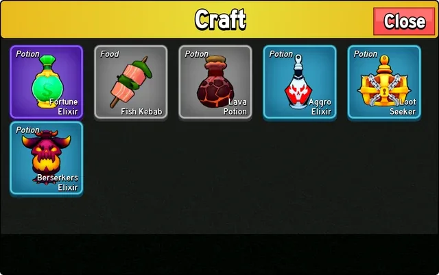 The campfire's crafting menu, with its six available recipes.