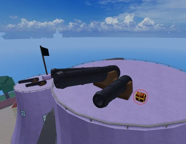 A Golden Chest next to a cannon, atop the conical buildings of Marine Starter Island