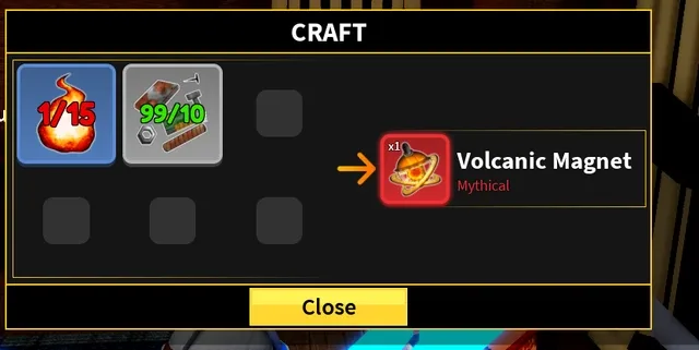 The crafting interface for the Volcanic Magnet, at the Dragon Hunter.