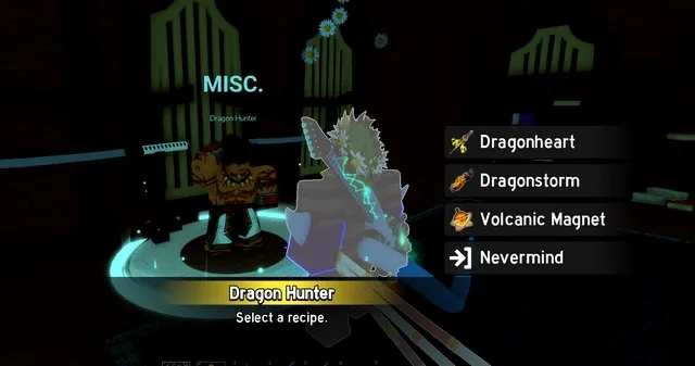 Choosing the recipe after the Craft option: Dragonheart, Dragonstorm or Volcanic Magnet.