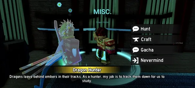 The Dragon Hunter's menu: Hunt, Craft and Gacha. The Gacha option only shows up with the Black Belt.