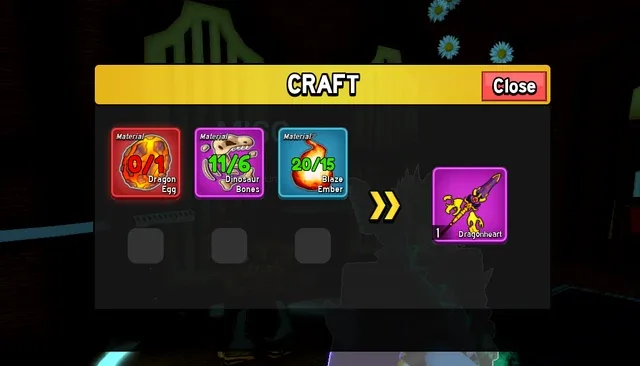 The Dragonheart recipe at the Dragon Hunter: 1 Dragon Egg, 6 Dinosaur Bones, 15 Blaze Ember