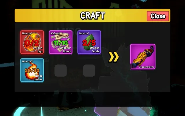 The Dragonstorm recipe in the Dragon Hunter's crafting menu: 2 Dragon Egg, 10 Dinosaur Bones, 5 Dragon Scale, 30 Blaze Ember