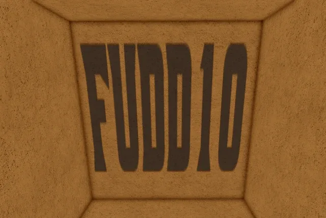 The Fudd10 message written on the ceiling, inside the building.