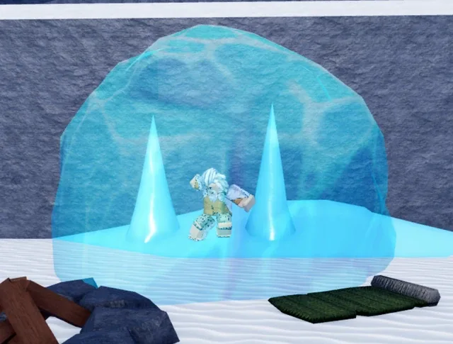 The Ability Teacher trapped in the ice, at the back of the cave