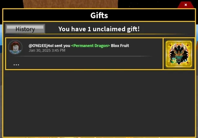 The receiving menu once the gift is accepted, showing the Gifted status.