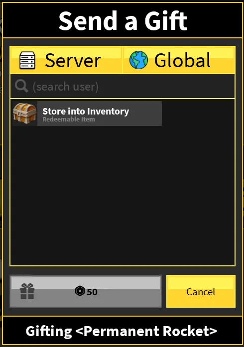 The Gifting menu, used to send a Permanent Fruit, a gamepass or another premium item to a player.