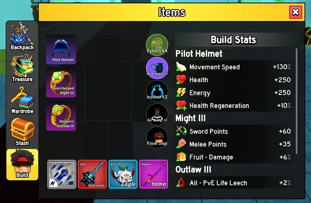 The Build tab, which sums up your full current equipment at a glance.