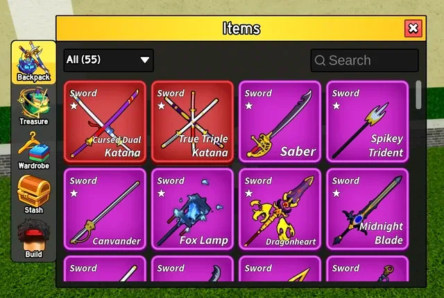 The inventory interface, which sorts all your unlocked items into categories.