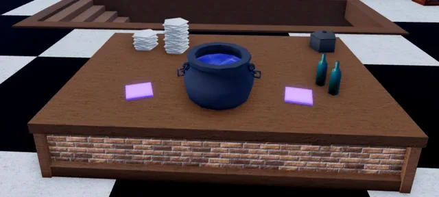 The cauldron, on the middle table upstairs in the tavern