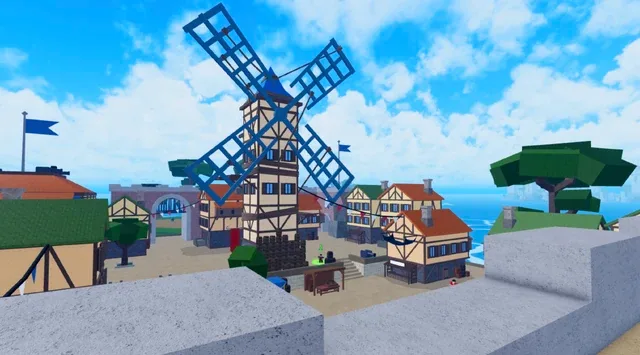 The tied-up windmill, its five ropes still on the blades