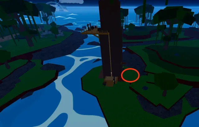 The grappling hook on the ground, next to the platform tree