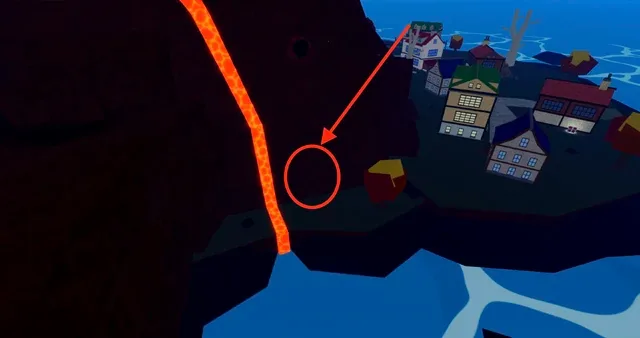 The hidden entrance to Living Skeleton's cave, under the Magma Village volcano.