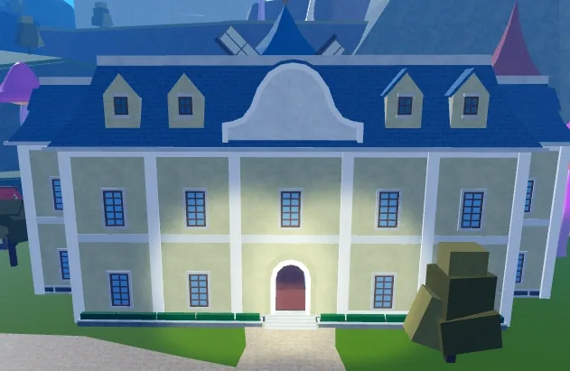 The outside of the Mansion, yellow plaster walls and white columns under a flat blue roof.