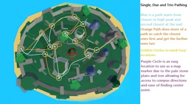 Possible paths to help spot the Blue Gear on the island.