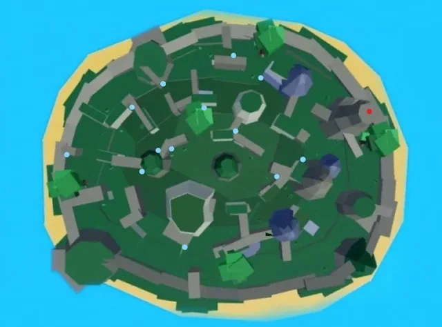 The Blue Gear's possible locations (blue) and the highest peak (red).