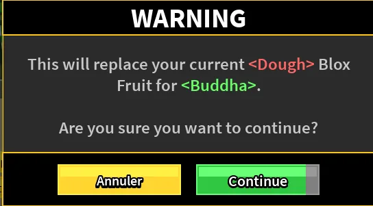 The screen that appears when you equip a permanent fruit.