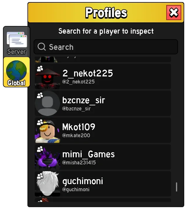 The Global Tab, to find any player's profile by searching their username.
