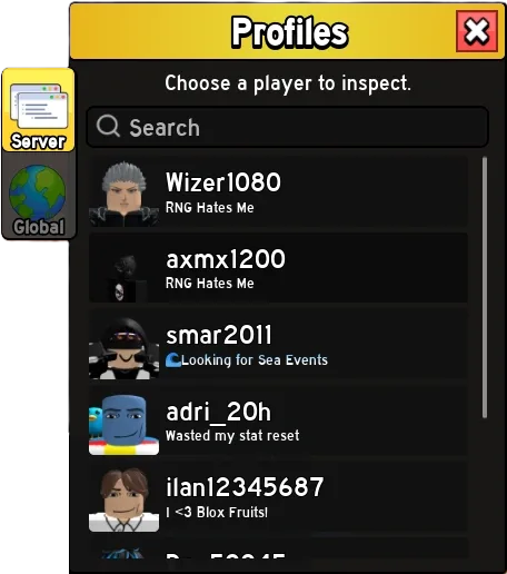 The Server Tab, listing the players present on your server.