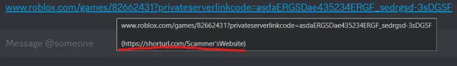 An example of a fake private server link sent to scam players.