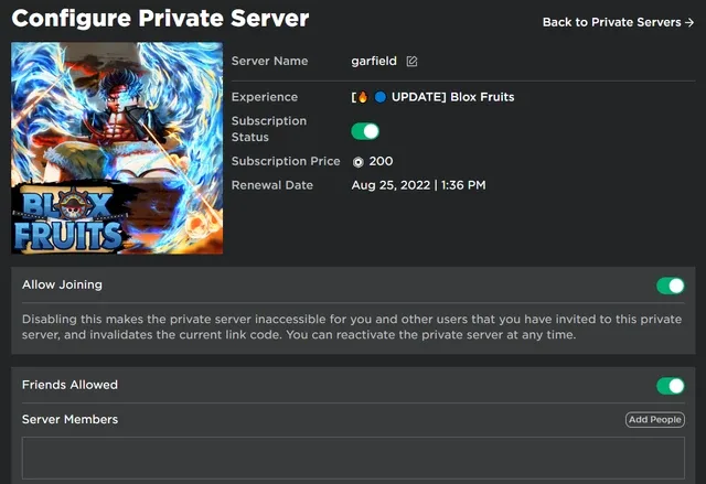 The configuration menu of a private server, to add players or generate a link.