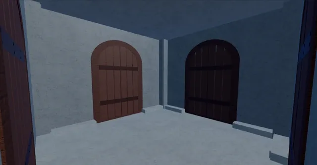 Inside the hideout, with the starting room and its doors