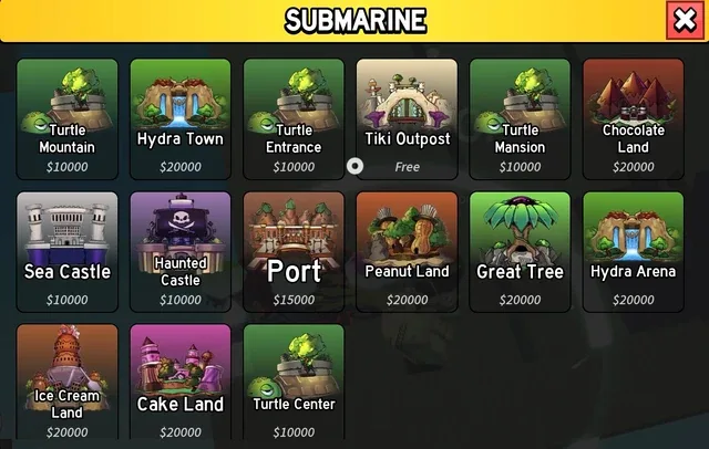 The teleport interface offered by the Submarine Worker between islands.