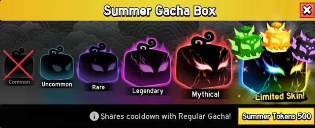 The Summer Gacha interface, used to roll for Summer Tokens.
