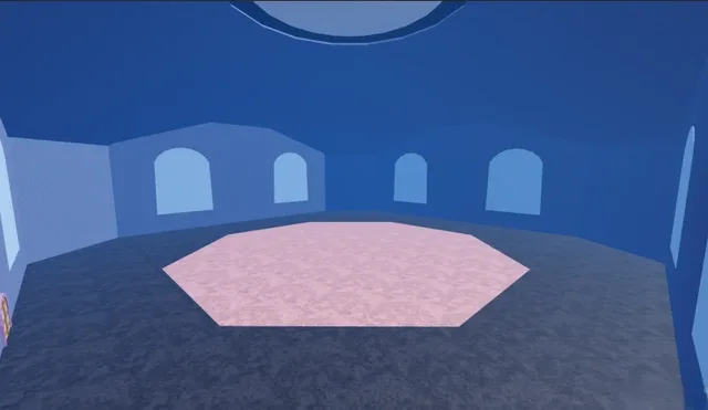 Inside the room, with its pink octagonal symbol on the floor.