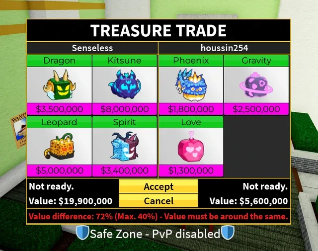The trade menu, with stored fruits and game passes.