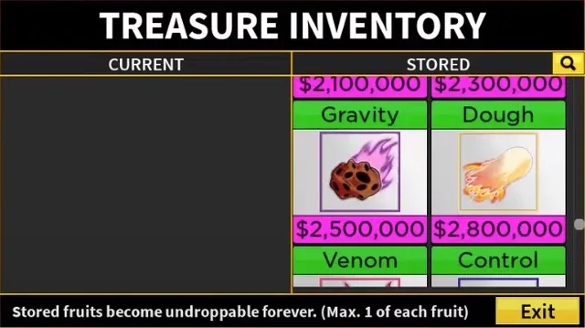 Inside the Treasure Inventory, the fruit storage interface.