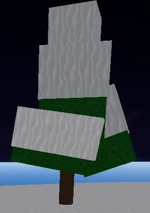 A tree from the Frozen Village, covered in snow