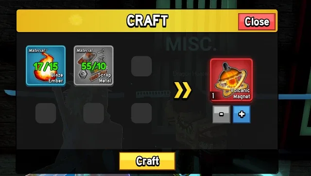 The crafting interface at the Dragon Hunter: 15 Blaze Ember and 10 Scrap Metal for one Volcanic Magnet.